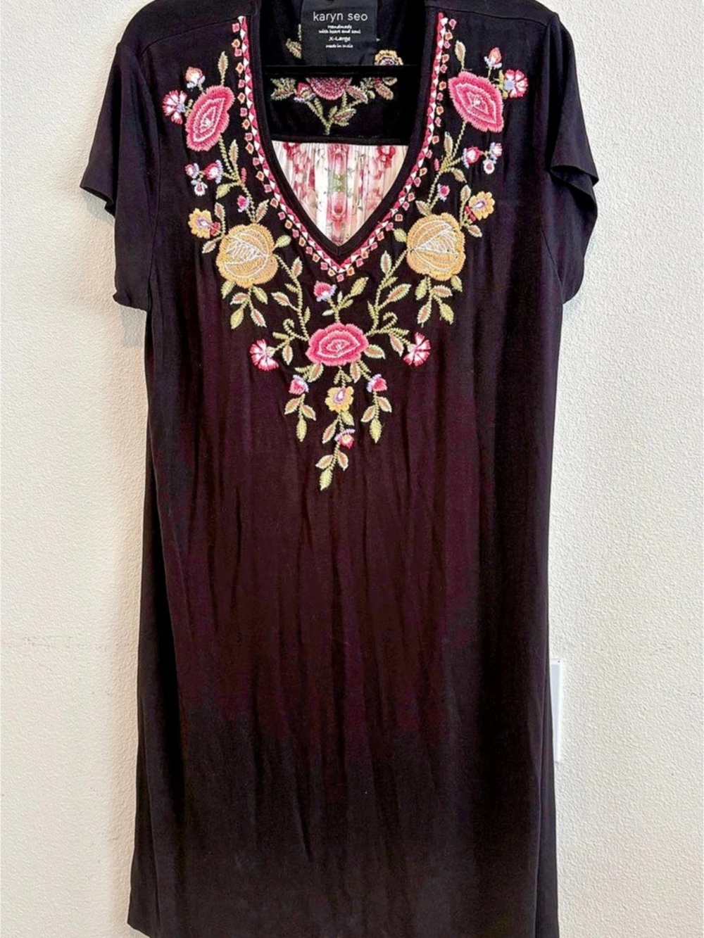 Karyn Seo Black Floral Embroidered V-Neck Cap Sleeve Knit Tunic Women’s XL
